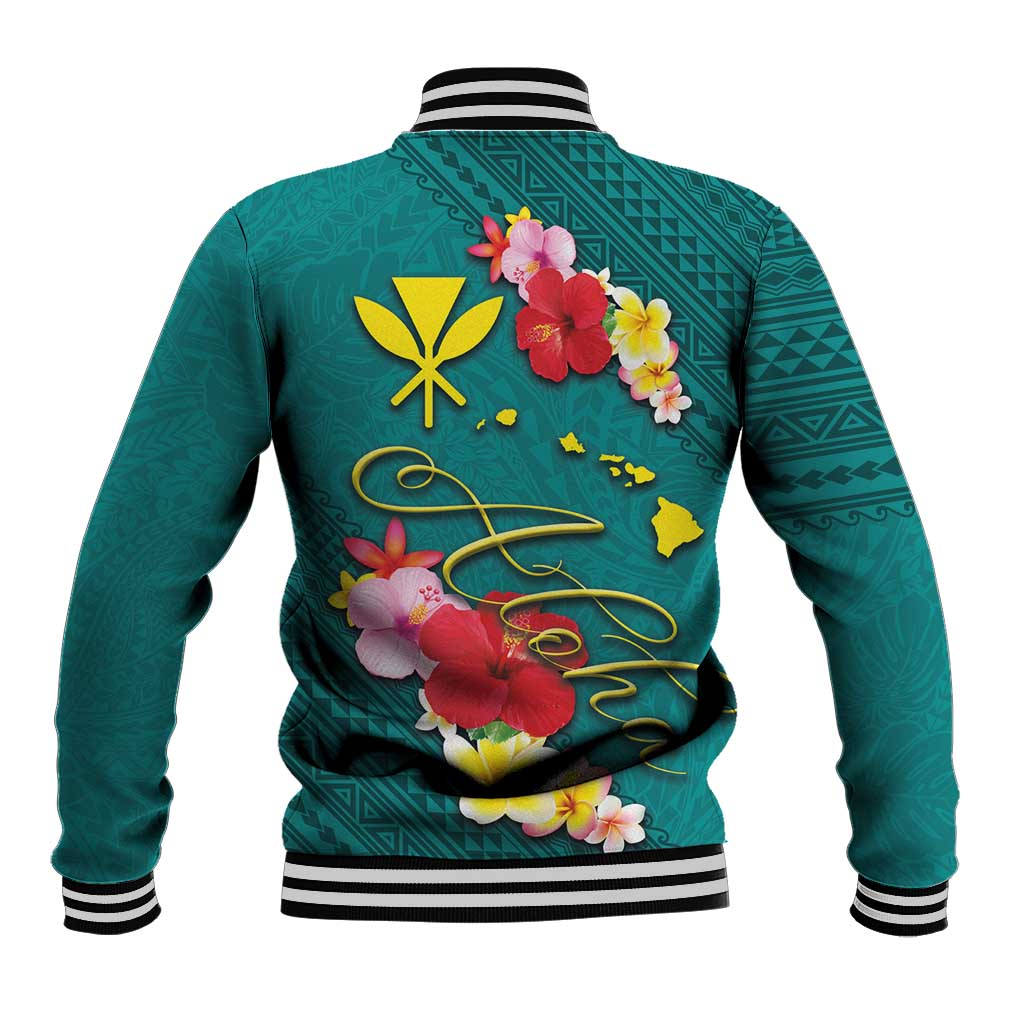 Aloha Kanaka Maoli Hawaii Flowers Baseball Jacket With Polynesian Pattern Teal Color
