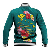 Aloha Kanaka Maoli Hawaii Flowers Baseball Jacket With Polynesian Pattern Teal Color