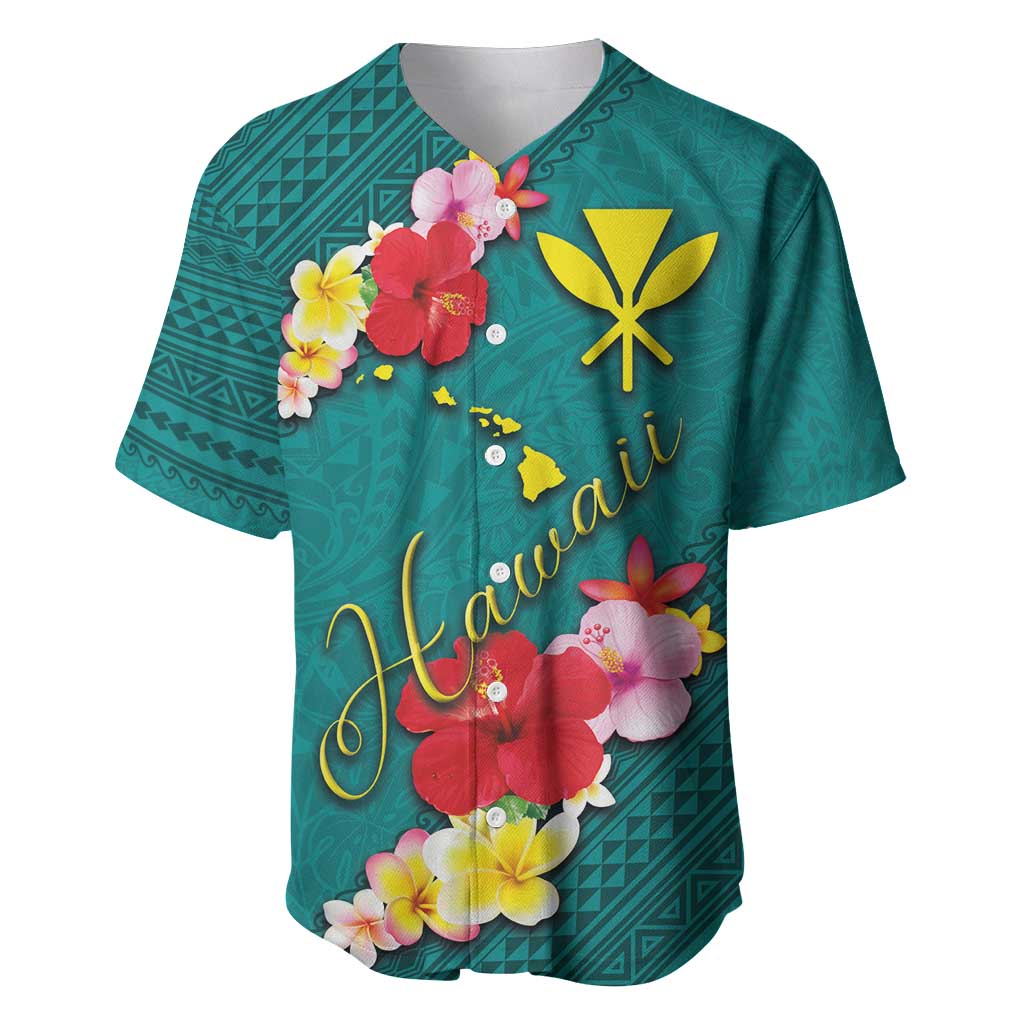 Aloha Kanaka Maoli Hawaii Flowers Baseball Jersey With Polynesian Pattern Teal Color