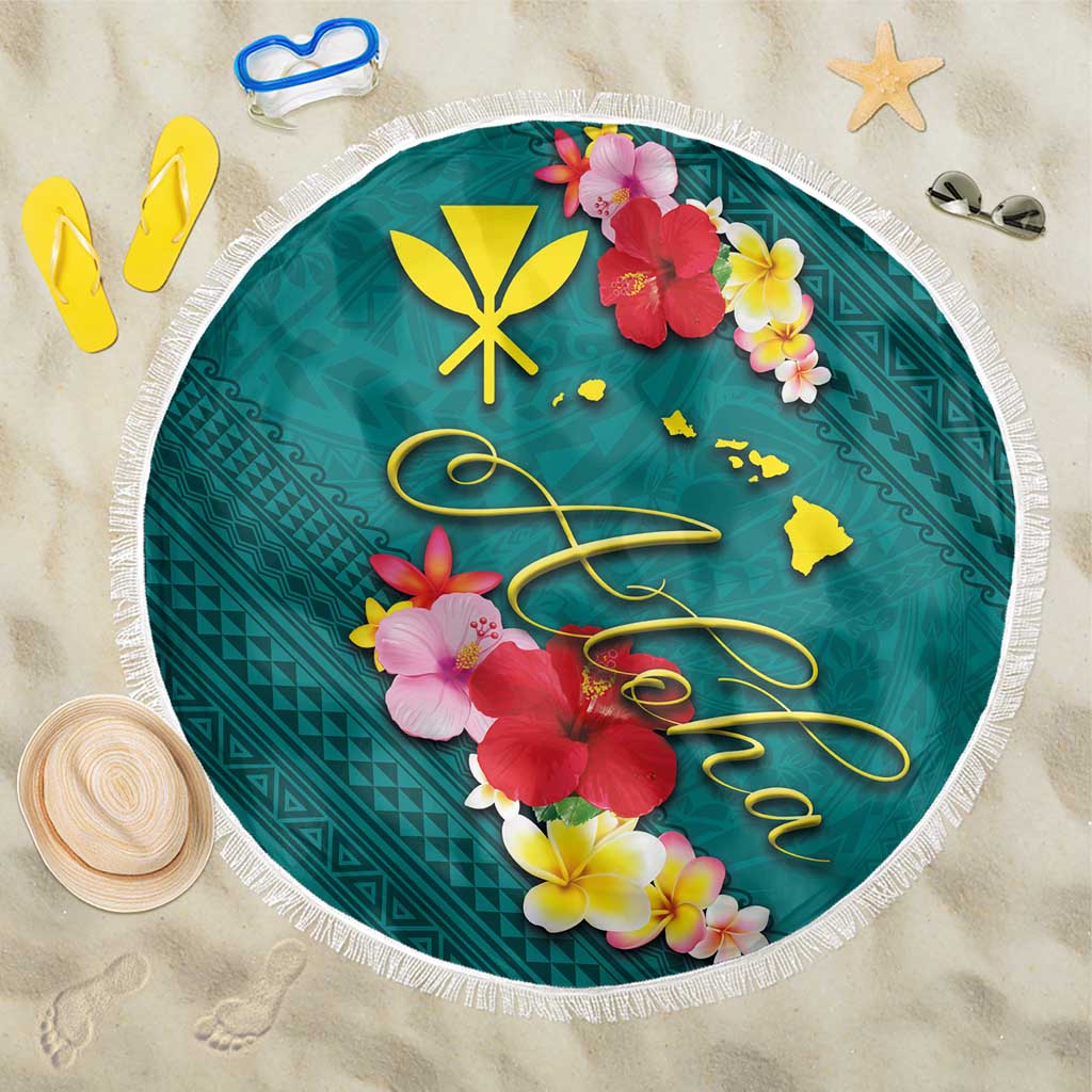 Aloha Kanaka Maoli Hawaii Flowers Beach Blanket With Polynesian Pattern Teal Color