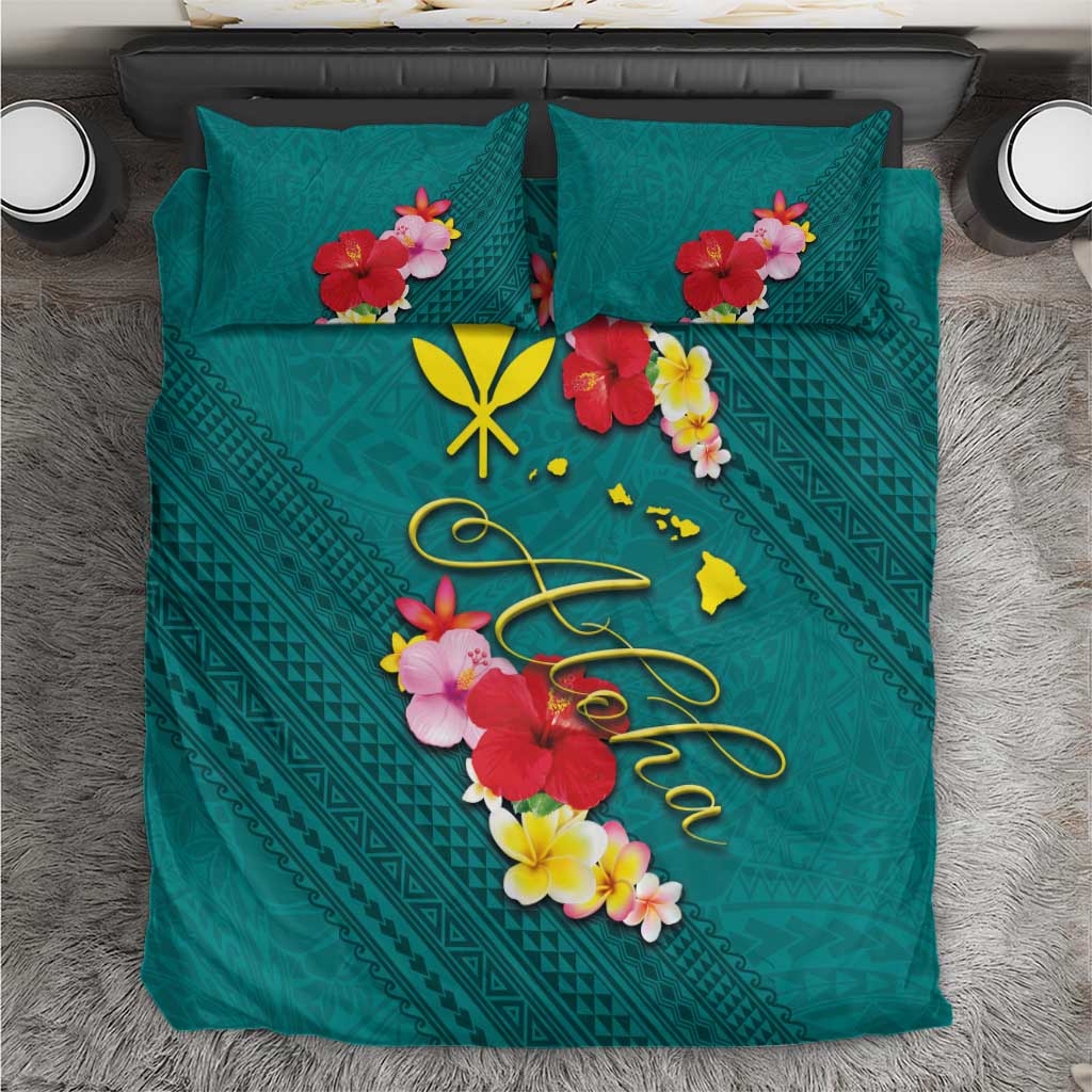 Aloha Kanaka Maoli Hawaii Flowers Bedding Set With Polynesian Pattern Teal Color