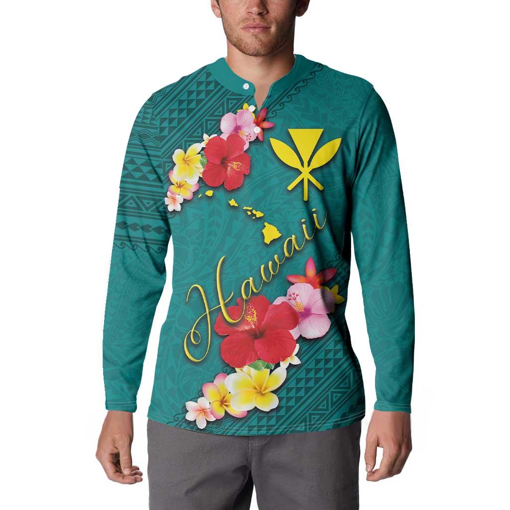 Aloha Kanaka Maoli Hawaii Flowers Button Sweatshirt With Polynesian Pattern Teal Color