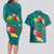 Aloha Kanaka Maoli Hawaii Flowers Couples Matching Long Sleeve Bodycon Dress and Hawaiian Shirt With Polynesian Pattern Teal Color