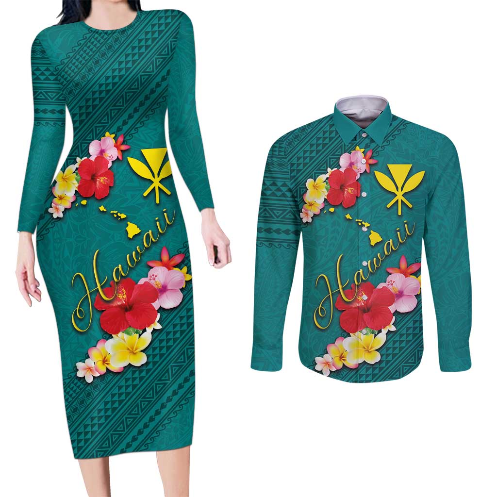 Aloha Kanaka Maoli Hawaii Flowers Couples Matching Long Sleeve Bodycon Dress and Long Sleeve Button Shirt With Polynesian Pattern Teal Color