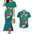 Aloha Kanaka Maoli Hawaii Flowers Couples Matching Mermaid Dress and Hawaiian Shirt With Polynesian Pattern Teal Color