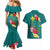 Aloha Kanaka Maoli Hawaii Flowers Couples Matching Mermaid Dress and Hawaiian Shirt With Polynesian Pattern Teal Color