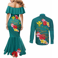 Aloha Kanaka Maoli Hawaii Flowers Couples Matching Mermaid Dress and Long Sleeve Button Shirt With Polynesian Pattern Teal Color