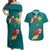 Aloha Kanaka Maoli Hawaii Flowers Couples Matching Off Shoulder Maxi Dress and Hawaiian Shirt With Polynesian Pattern Teal Color