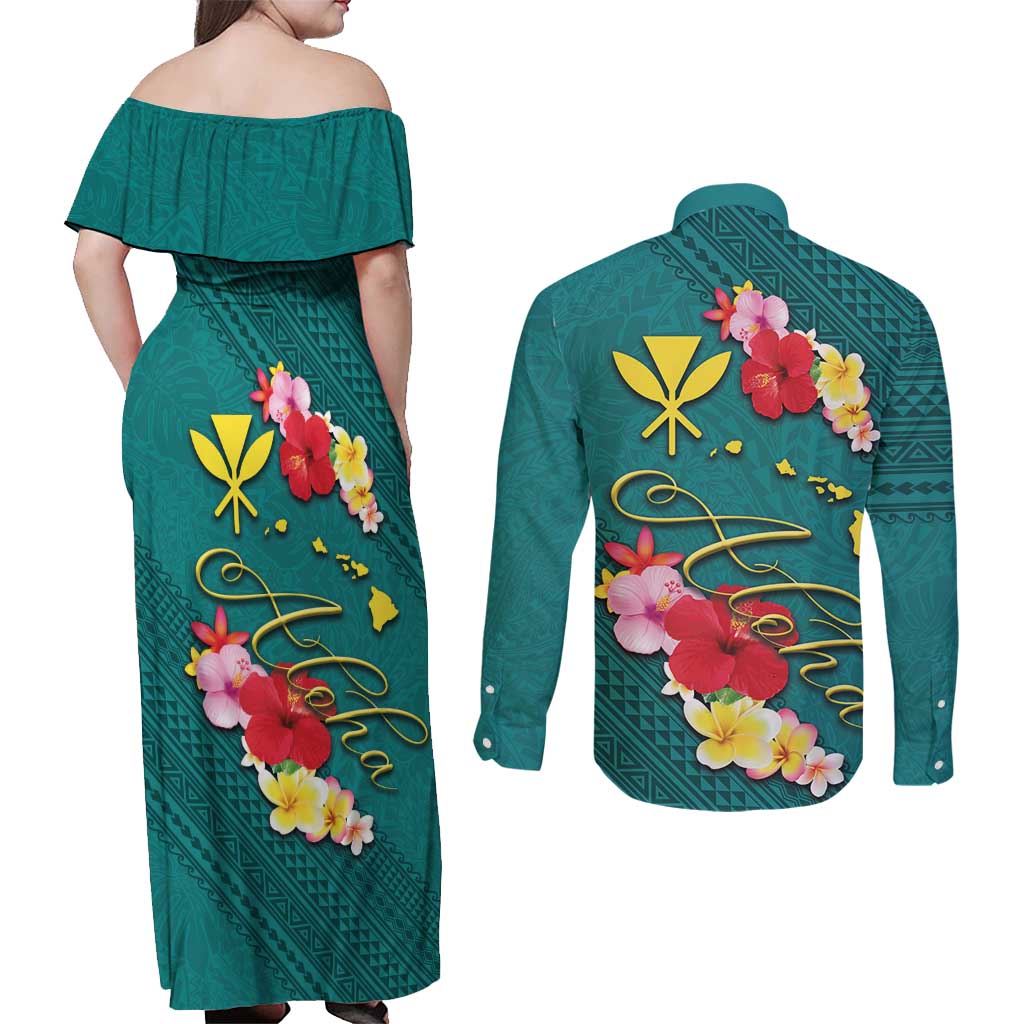 Aloha Kanaka Maoli Hawaii Flowers Couples Matching Off Shoulder Maxi Dress and Long Sleeve Button Shirt With Polynesian Pattern Teal Color