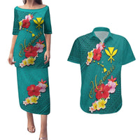 Aloha Kanaka Maoli Hawaii Flowers Couples Matching Puletasi and Hawaiian Shirt With Polynesian Pattern Teal Color