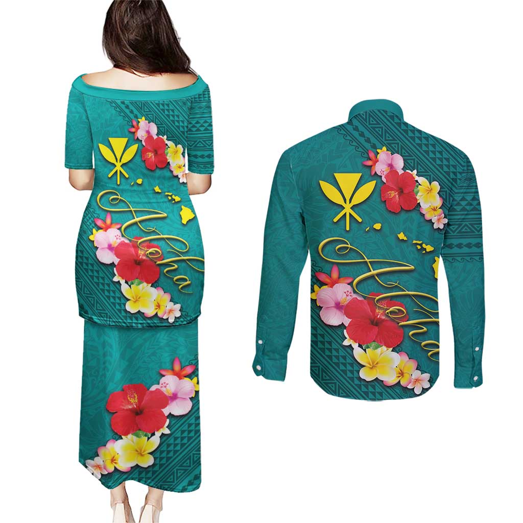 Aloha Kanaka Maoli Hawaii Flowers Couples Matching Puletasi and Long Sleeve Button Shirt With Polynesian Pattern Teal Color