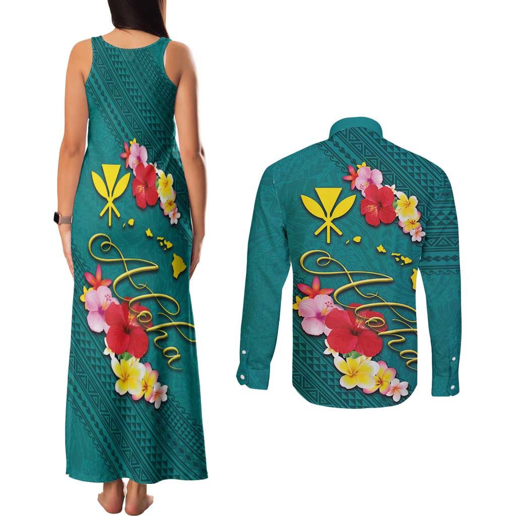 Aloha Kanaka Maoli Hawaii Flowers Couples Matching Tank Maxi Dress and Long Sleeve Button Shirt With Polynesian Pattern Teal Color