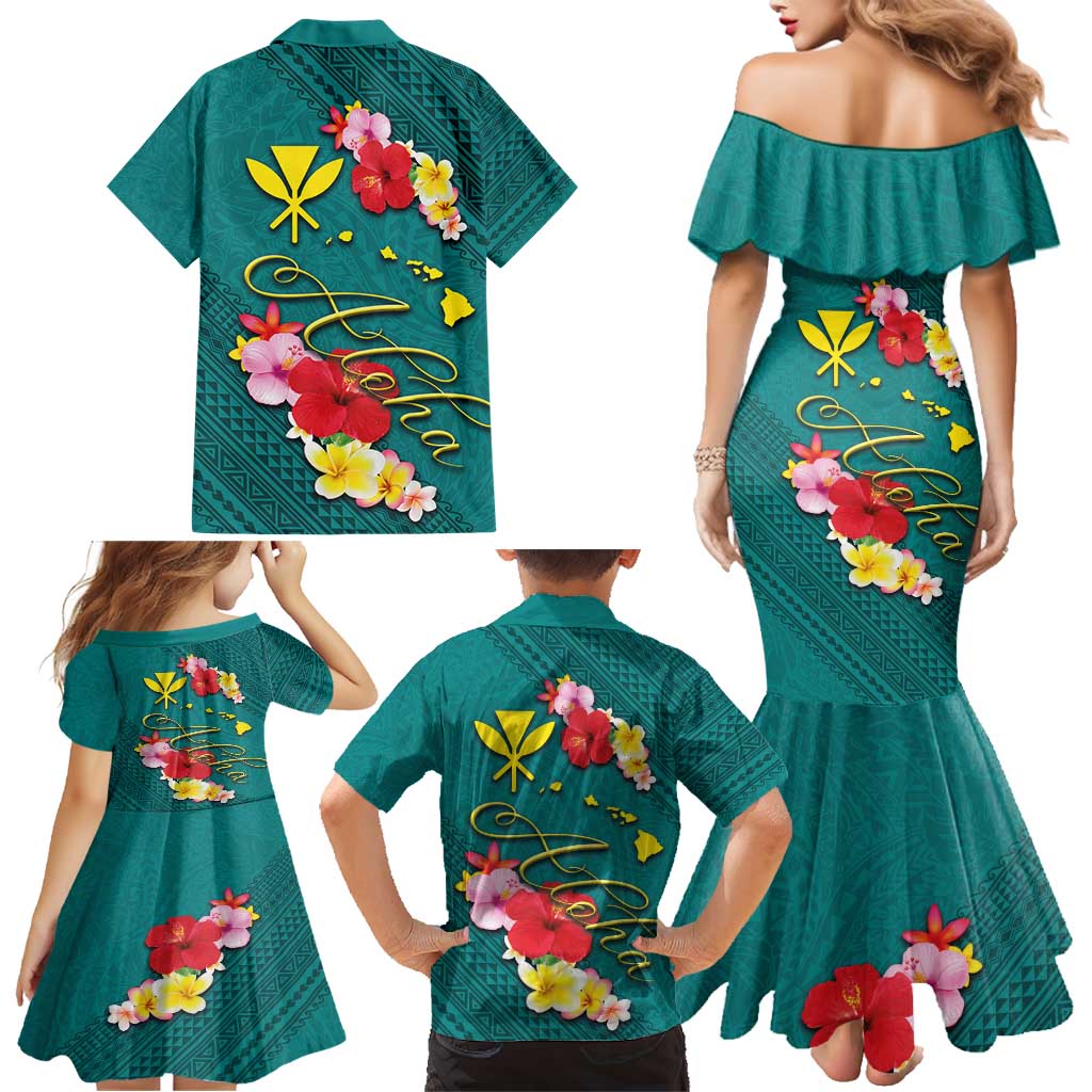 Aloha Kanaka Maoli Hawaii Flowers Family Matching Mermaid Dress and Hawaiian Shirt With Polynesian Pattern Teal Color