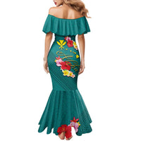 Aloha Kanaka Maoli Hawaii Flowers Family Matching Mermaid Dress and Hawaiian Shirt With Polynesian Pattern Teal Color