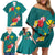 Aloha Kanaka Maoli Hawaii Flowers Family Matching Off Shoulder Short Dress and Hawaiian Shirt With Polynesian Pattern Teal Color