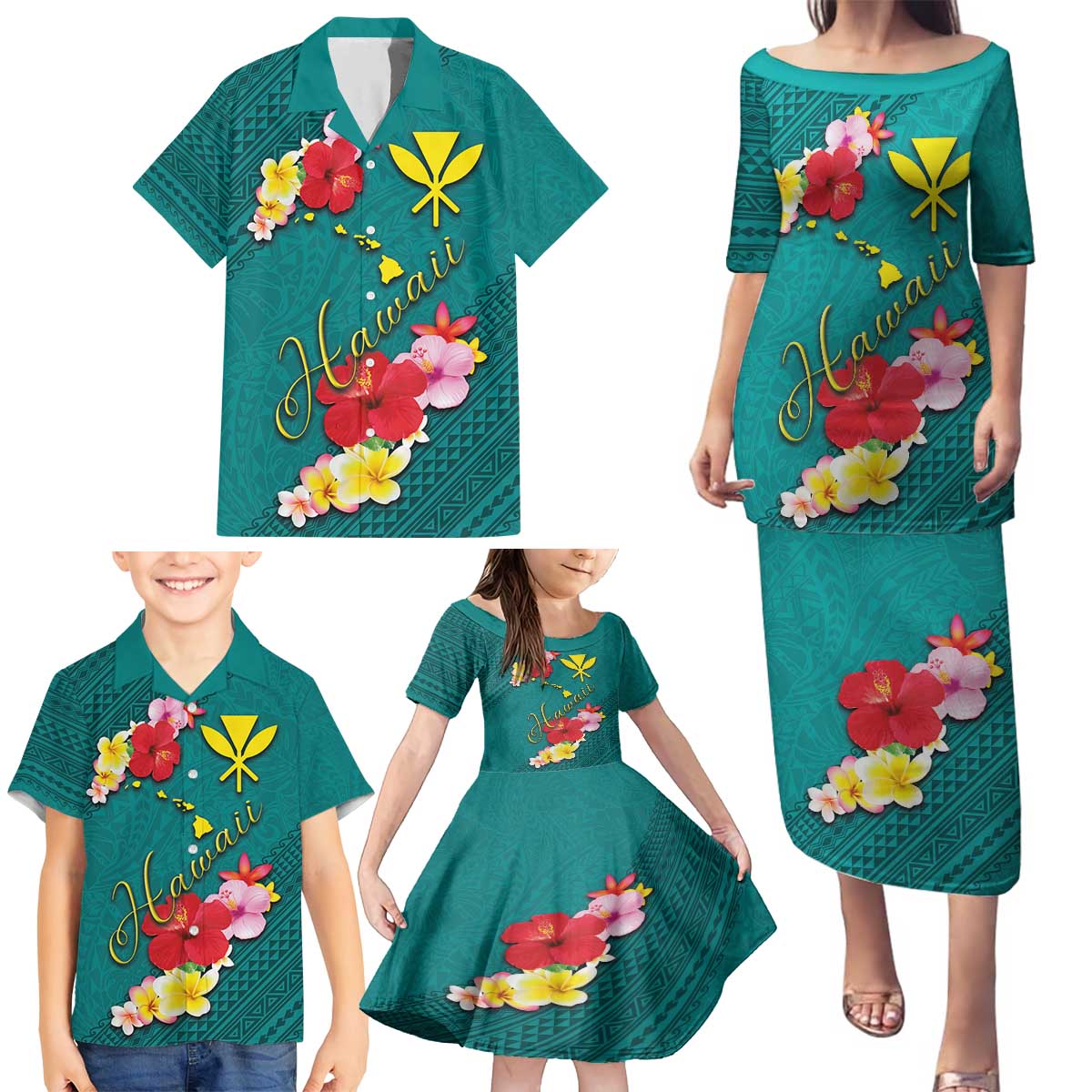 Aloha Kanaka Maoli Hawaii Flowers Family Matching Puletasi and Hawaiian Shirt With Polynesian Pattern Teal Color