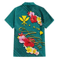 Aloha Kanaka Maoli Hawaii Flowers Family Matching Short Sleeve Bodycon Dress and Hawaiian Shirt With Polynesian Pattern Teal Color