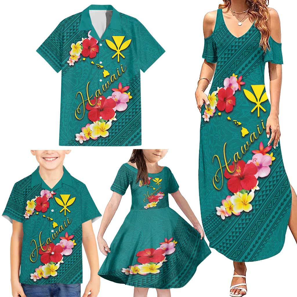 Aloha Kanaka Maoli Hawaii Flowers Family Matching Summer Maxi Dress and Hawaiian Shirt With Polynesian Pattern Teal Color