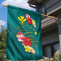 Aloha Kanaka Maoli Hawaii Flowers Garden Flag With Polynesian Pattern Teal Color