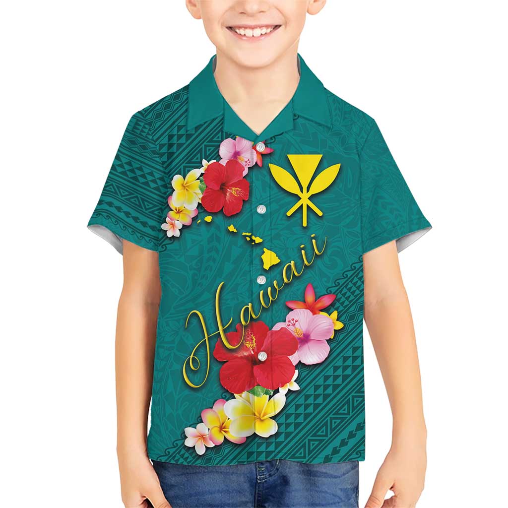 Aloha Kanaka Maoli Hawaii Flowers Kid Hawaiian Shirt With Polynesian Pattern Teal Color