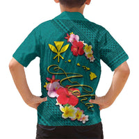 Aloha Kanaka Maoli Hawaii Flowers Kid Hawaiian Shirt With Polynesian Pattern Teal Color