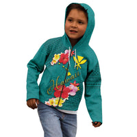 Aloha Kanaka Maoli Hawaii Flowers Kid Hoodie With Polynesian Pattern Teal Color