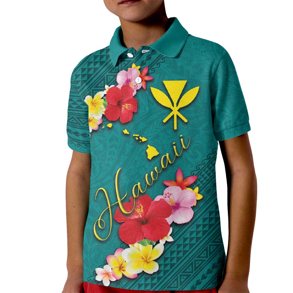 Aloha Kanaka Maoli Hawaii Flowers Kid Polo Shirt With Polynesian Pattern Teal Color