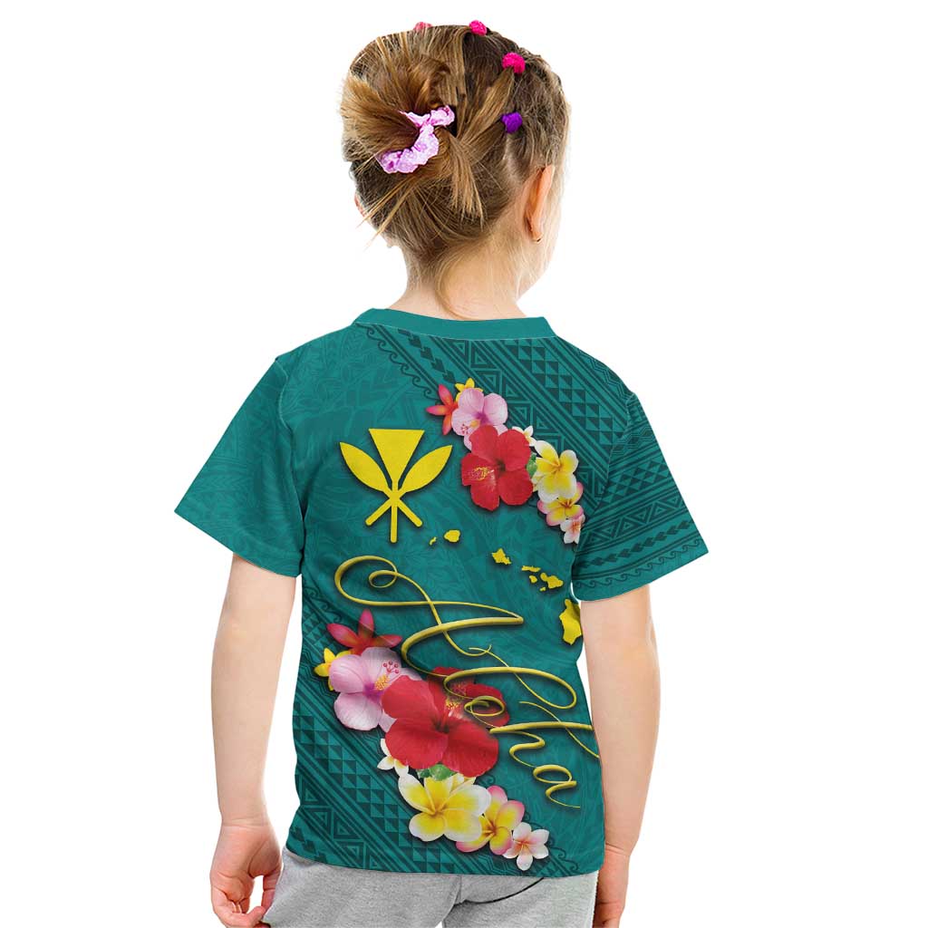 Aloha Kanaka Maoli Hawaii Flowers Kid T Shirt With Polynesian Pattern Teal Color