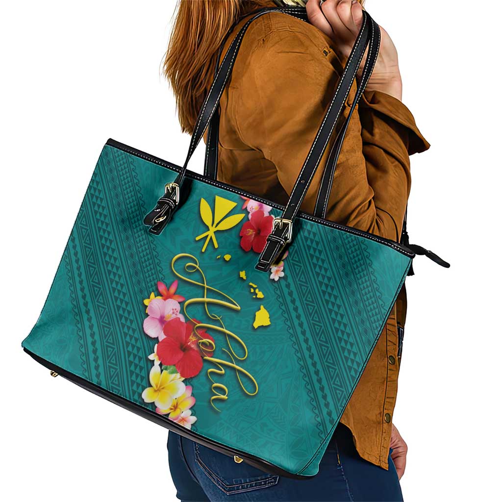 Aloha Kanaka Maoli Hawaii Flowers Leather Tote Bag With Polynesian Pattern Teal Color
