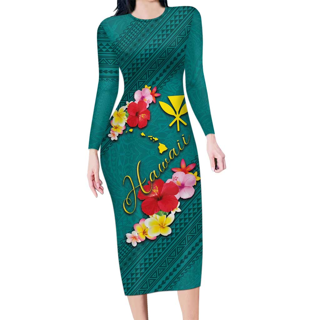 Aloha Kanaka Maoli Hawaii Flowers Long Sleeve Bodycon Dress With Polynesian Pattern Teal Color