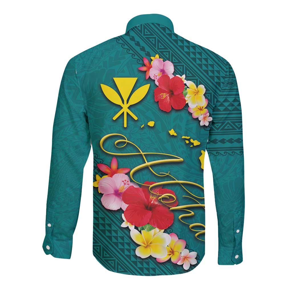 Aloha Kanaka Maoli Hawaii Flowers Long Sleeve Button Shirt With Polynesian Pattern Teal Color