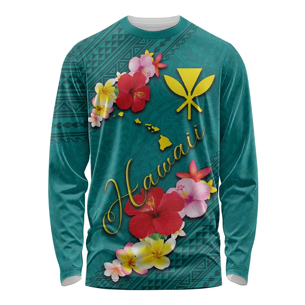 Aloha Kanaka Maoli Hawaii Flowers Long Sleeve Shirt With Polynesian Pattern Teal Color