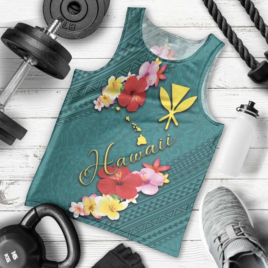 Aloha Kanaka Maoli Hawaii Flowers Men Tank Top With Polynesian Pattern Teal Color
