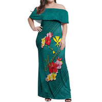 Aloha Kanaka Maoli Hawaii Flowers Off Shoulder Maxi Dress With Polynesian Pattern Teal Color