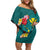 Aloha Kanaka Maoli Hawaii Flowers Off Shoulder Short Dress With Polynesian Pattern Teal Color