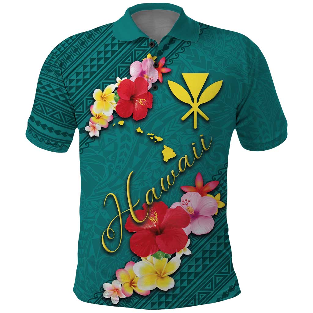 Aloha Kanaka Maoli Hawaii Flowers Polo Shirt With Polynesian Pattern Teal Color