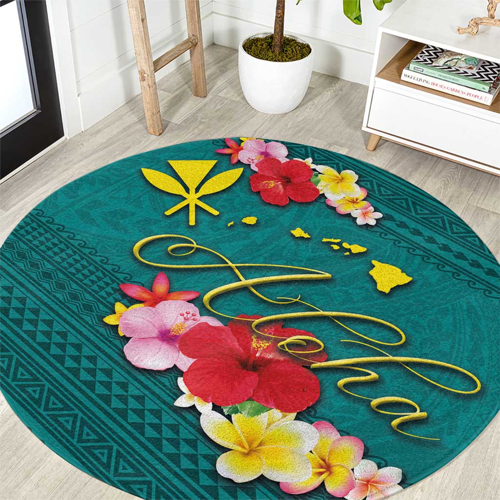 Aloha Kanaka Maoli Hawaii Flowers Round Carpet With Polynesian Pattern Teal Color