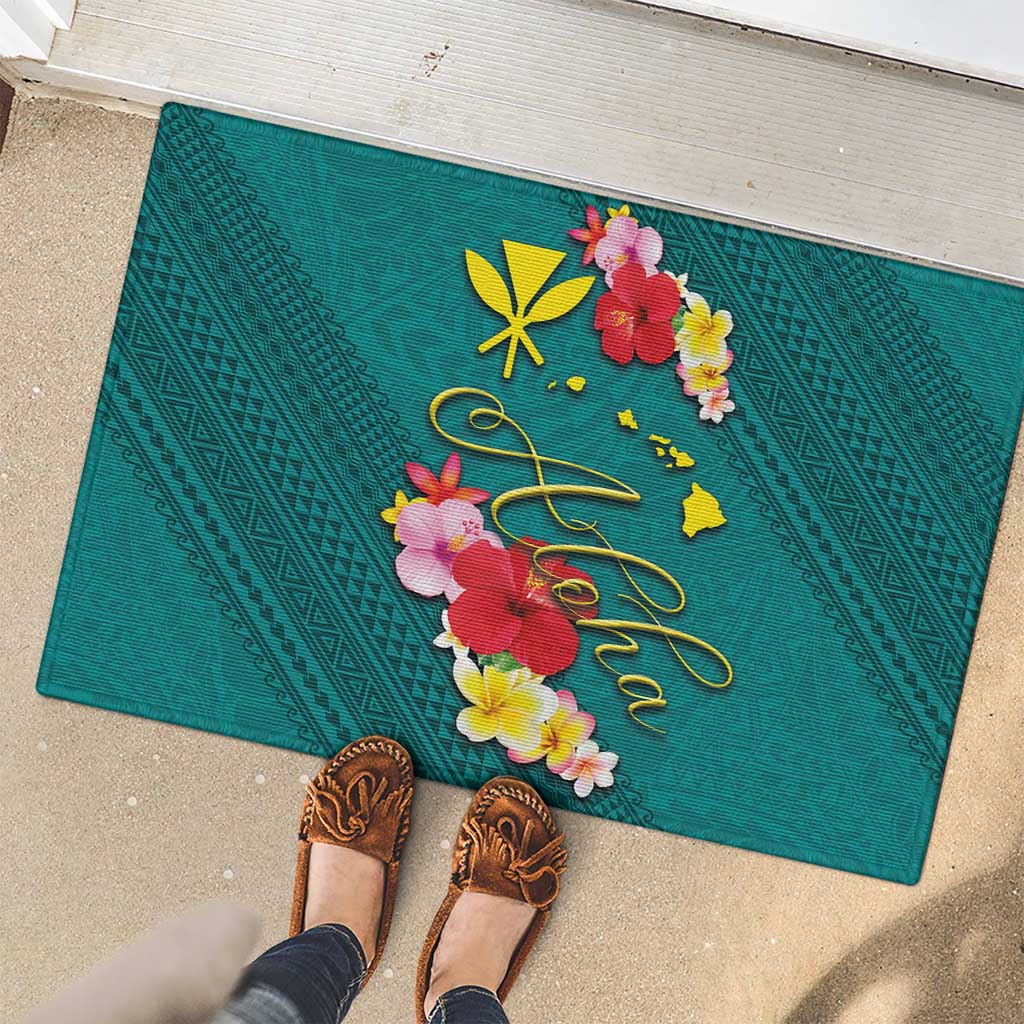 Aloha Kanaka Maoli Hawaii Flowers Rubber Doormat With Polynesian Pattern Teal Color