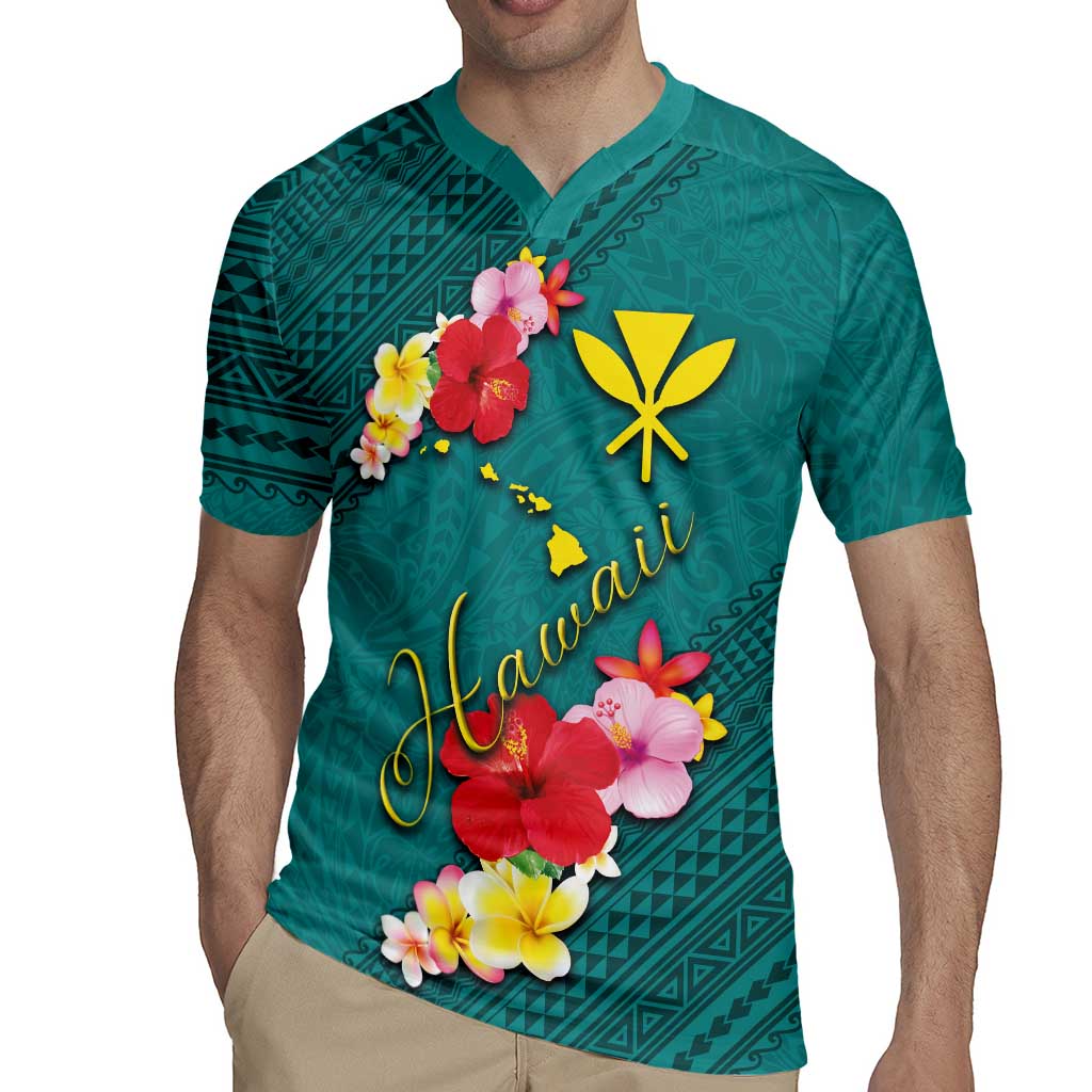 Aloha Kanaka Maoli Hawaii Flowers Rugby Jersey With Polynesian Pattern Teal Color