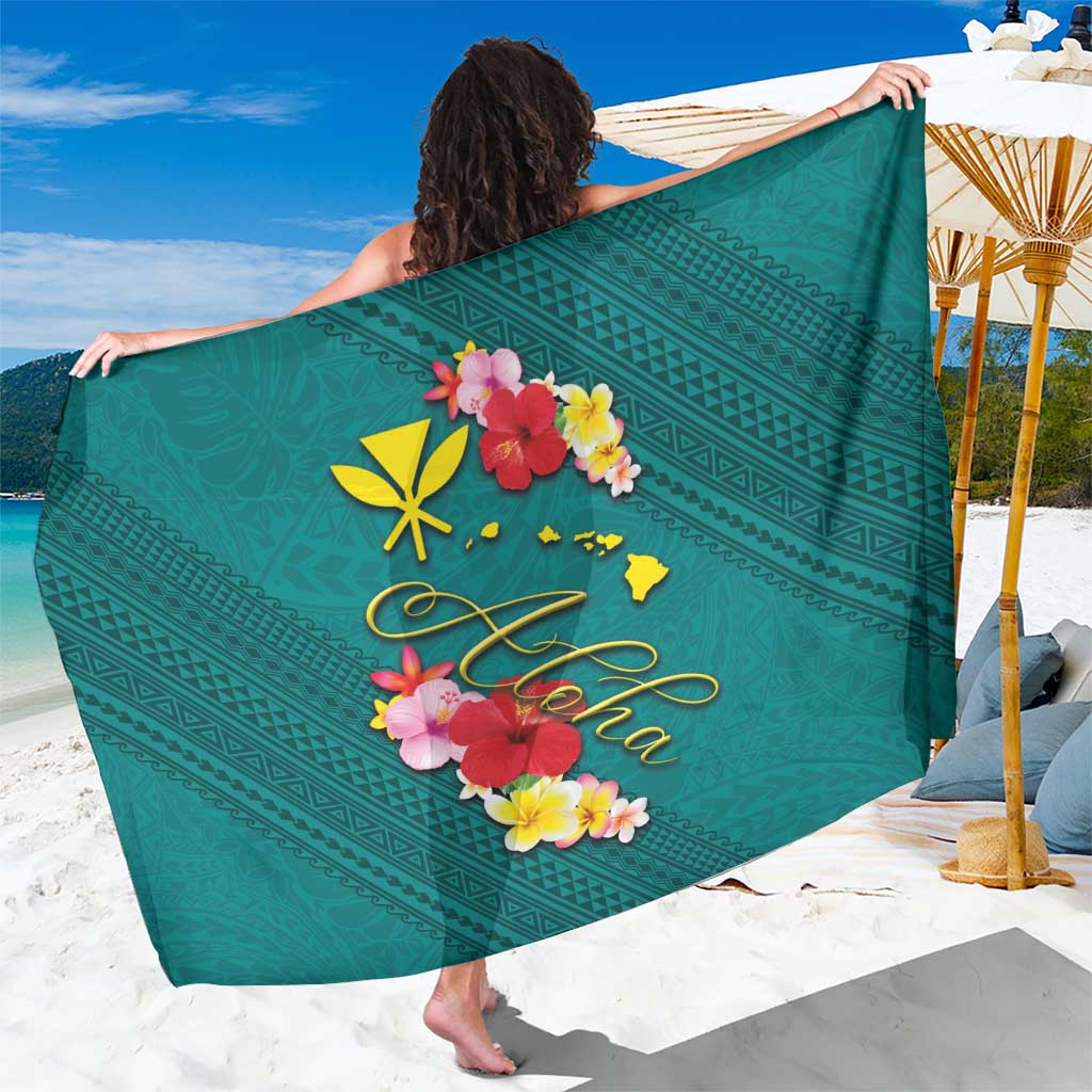 Aloha Kanaka Maoli Hawaii Flowers Sarong With Polynesian Pattern Teal Color