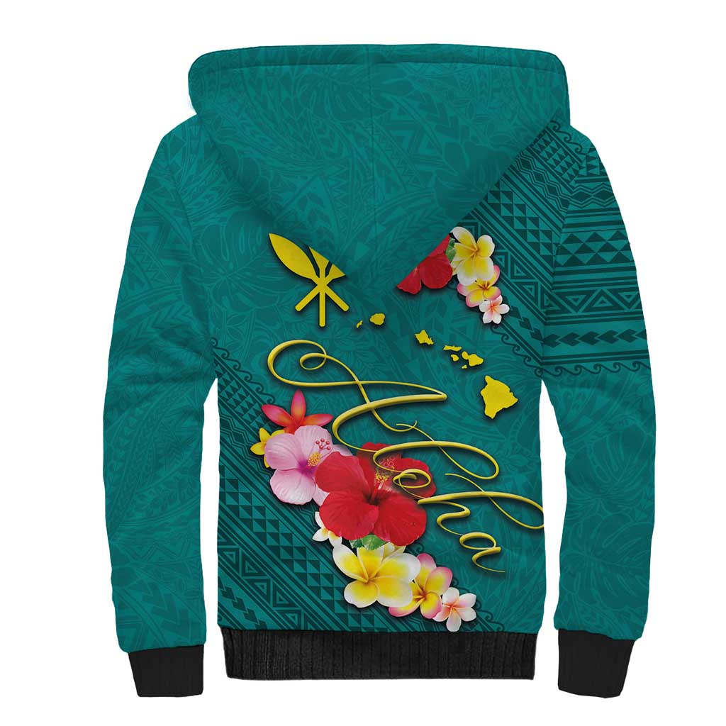 Aloha Kanaka Maoli Hawaii Flowers Sherpa Hoodie With Polynesian Pattern Teal Color