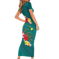 Aloha Kanaka Maoli Hawaii Flowers Short Sleeve Bodycon Dress With Polynesian Pattern Teal Color