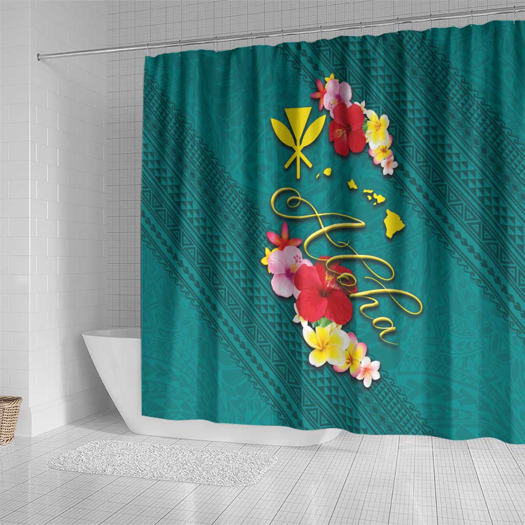 Aloha Kanaka Maoli Hawaii Flowers Shower Curtain With Polynesian Pattern Teal Color