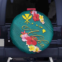 Aloha Kanaka Maoli Hawaii Flowers Spare Tire Cover With Polynesian Pattern Teal Color