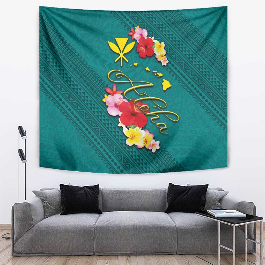 Aloha Kanaka Maoli Hawaii Flowers Tapestry With Polynesian Pattern Teal Color