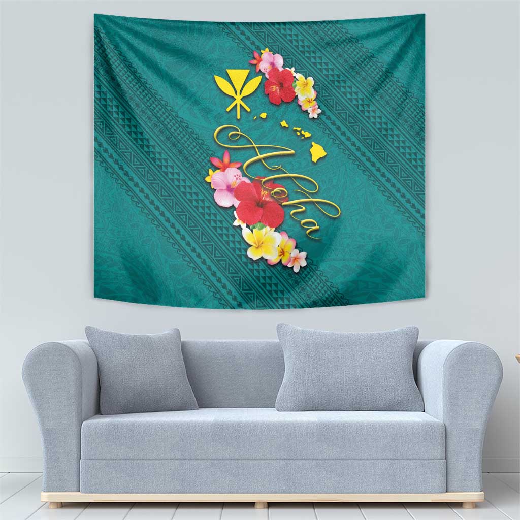 Aloha Kanaka Maoli Hawaii Flowers Tapestry With Polynesian Pattern Teal Color