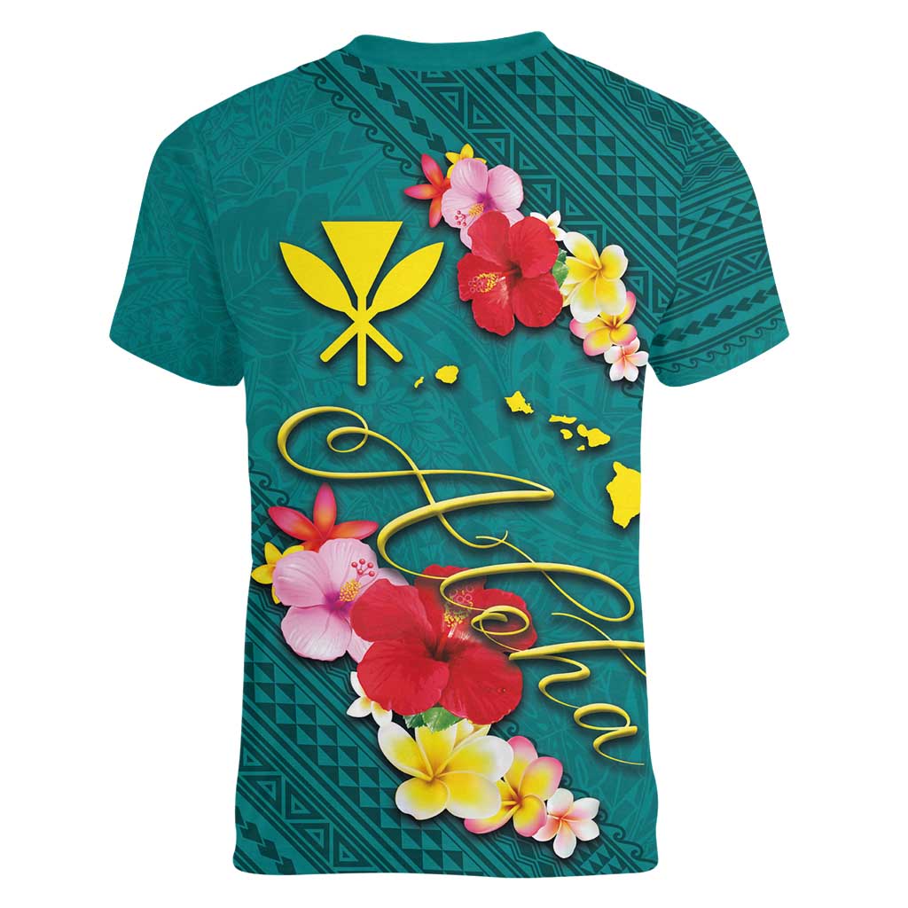Aloha Kanaka Maoli Hawaii Flowers Women V-Neck T-Shirt With Polynesian Pattern Teal Color