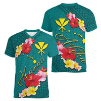 Aloha Kanaka Maoli Hawaii Flowers Women V-Neck T-Shirt With Polynesian Pattern Teal Color