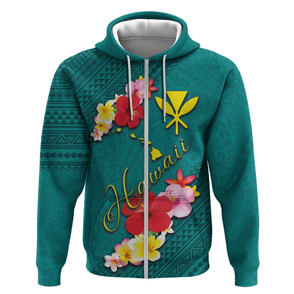 Aloha Kanaka Maoli Hawaii Flowers Zip Hoodie With Polynesian Pattern Teal Color