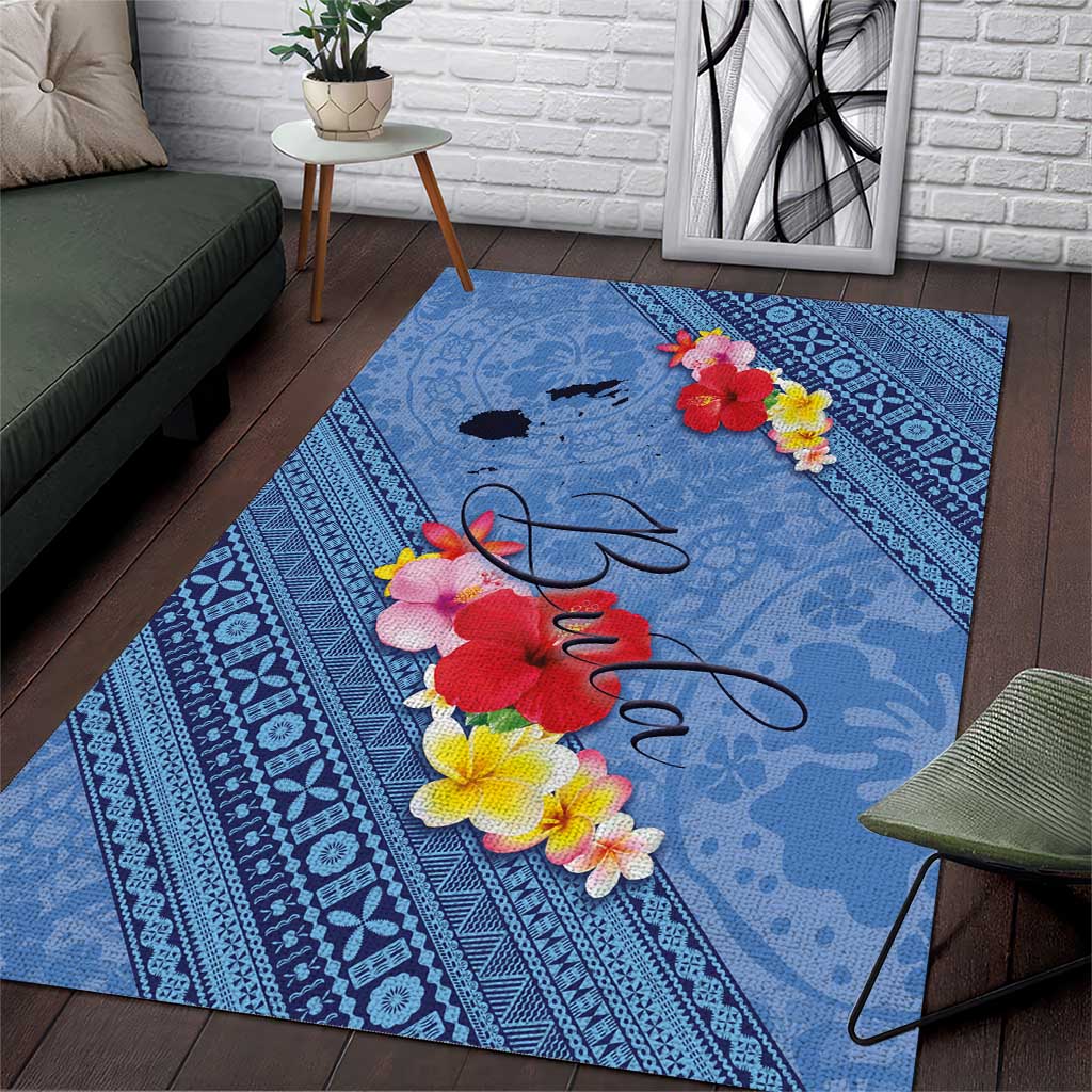 Bula Fiji Hibiscus and Plumeria Flowers Area Rug Tapa Tattoo Polynesian Pattern